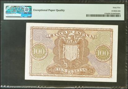 World Coins - 100 Pesetas. 9 de Enero de 1940. Serie B. (Edifil 2021: 438a, Pick: 118a). Inusual en esta calidad, apresto original. SC. Encapsulado PMG65EPQ.