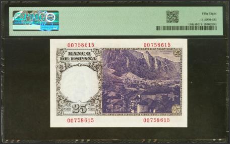World Coins - 25 Pesetas. 19 de Febrero de 1946. Sin serie. (Edifil 2023: 450, Pick: 130a). EBC++. Encapsulado PMG58.