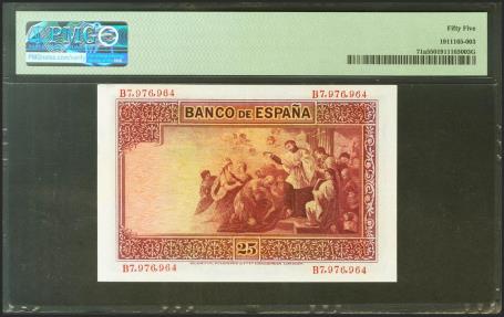 World Coins - 25 Pesetas. 12 de Octubre de 1926. Serie B, última serie emitida. (Edifil 2021: 325a, Pick: 71a). Inusual en esta calidad. EBC+. Encapsulado PMG55.