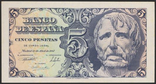 World Coins - 5 Pesetas. 12 de Abril de 1947. Serie B. (Edifil 2023: 454a). Conserva parte del apresto original. SC.