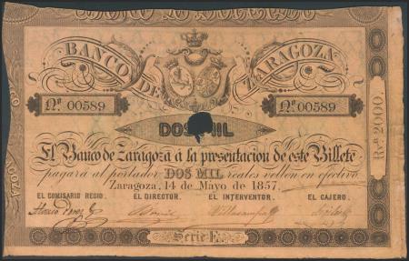 World Coins - 2000 Reales. 14 de Mayo de 1857. Banco de Zaragoza. Serie E. Con taladro y sin firmas. (Edifil 2021: 130A). Raro. MBC+.