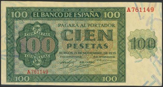 World Coins - 100 Pesetas. 21 de Noviembre de 1936. Serie A. (Edifil 2023: 421). Conserva gran parte de su apresto original. EBC+++.