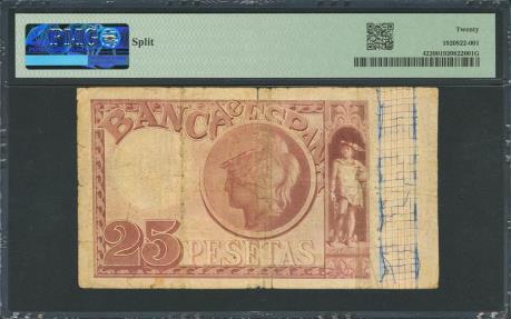 World Coins - 25 Pesetas. 24 de Julio de 1893. Sin serie. (Edifil 2023: 300, Pick: 42). Pequeñas roturitas en las dobleces. MBC-. Encapsulado PMG20 (split).