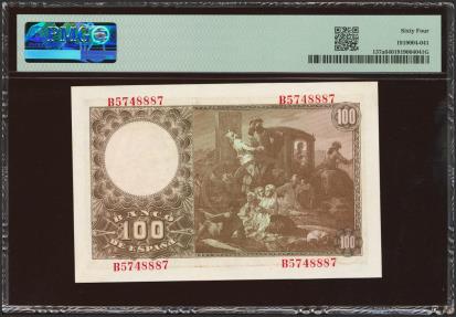 World Coins - 100 Pesetas. 2 de Mayo de 1948. Serie B. (Edifil 2023: 456a, Pick: 137a). SC. Encapsulado PMG64.