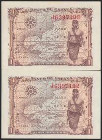 World Coins - 1 Peseta. 15 de Junio de 1945. Pareja correlativa. Serie J. (Edifil 2021: 448a). Apresto original. SC-.