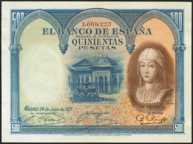 World Coins - 500 Pesetas. 24 de Julio de 1927. Sin serie y numeración posterior a 1602000. (Edifil 2021: 352). Inusual, presenta gran parte del apresto original. EBC+.