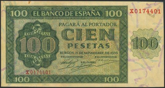 World Coins - 100 Pesetas. 21 de Noviembre de 1936. Serie X, última serie emtida. (Edifil 2023: 421b). Apresto original, manchita del tiempo SC-.