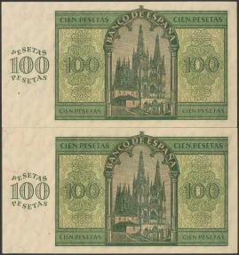 World Coins - 100 Pesetas. 21 de Noviembre de 1936. Pareja correlativa. Serie X, última serie emitida. (Edifil 2017: 421a). Apresto original. SC-.