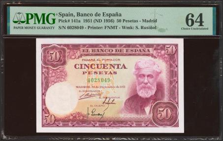 World Coins - 50 Pesetas. 31 de Diciembre de 1951. Sin serie. (Edifil 2023: 462, Pick: 141a). SC. Encapsulado PMG64.