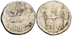 Ancient Coins - MARCO ANTONIO. Denario. (Ar. 2,89g/17mm). 32-31 a.C. Ceca volante. (FFC 36; Crawford 544/18). Anv: Galera Pretoriana a derecha, alrededor leyenda: ANT AVG III VIR RPC. Rev: Aguila
