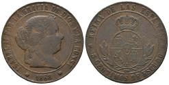 World Coins - ISABEL II (1833-1868). 5 Céntimos de escudo. (Cu. 11,07g/32mm). 1868. Barcelona OM. (Cal-2019-246). MBC-. Rayas.