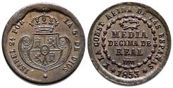World Coins - ISABEL II (1833-1868). 1/2 Décima de Real (Ae. 1,86g/16mm). 1853. Segovia. (Cal-2019-140). EBC+. Cuño empastado.