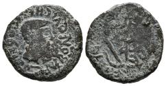 Ancient Coins - CARTAGONOVA. Semis. Epoca de Augusto. 27 a.C.-14 d.C. Cartagena (Murcia). A/ Cabeza de Tiberio joven a derecha. TI NERONE QVINQ HELVI POLLI P.P. R/ Atributos sacerdotales. Encima