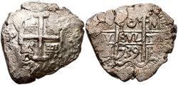 World Coins - FELIPE V (1700-1746). 8 Reales. (Ar. 21,51g/34mm). 1739. Potosí M. (Cal-2019-1577). MBC+. Oxidaciones.  Ex Cayón Subastas, Subasta 420 (17/07/2024). Nº lote 4680.
