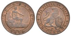 World Coins - GOBIERNO PROVISIONAL. 1 Céntimo. 1870. Barcelona OM. Cal-27. Ae. 0,95g. Brillo original. SC-.