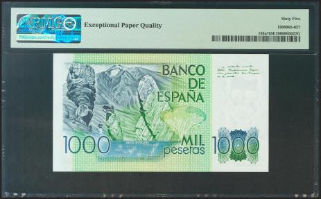 World Coins - 1000 Pesetas. 23 de Octubre de 1979. Serie especial 9E. (Edifil 2021: 477b, Pick: 158a*). Raro en esta calidad, apresto original. SC. Encapsulado PMG65EPQ.