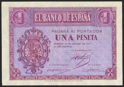 World Coins - 1 Peseta. 12 de Octubre de 1937. Serie F, última serie emitida. (Edifil 2021: 425a). Apresto original. SC.