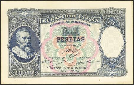 World Coins - Conjunto de las pruebas de anverso y reverso de un billete no emitido de 1000 Pesetas, fechado el 18 de Julio de 1937. Sin numeración. (Edifil 2023: NE45P). Extraordinariamente ra