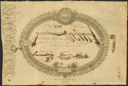 World Coins - 1000 Reales de Vellón. 1 de Enero de 1843. Banco de San Fernando. Firmas, numeración e inexplicable anotación 
