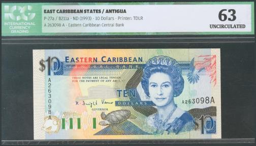 World Coins - EAST CARIBBEAN STATES. 10 Dollars. 1993. Antigua. (Pick: 27a). ICG63.