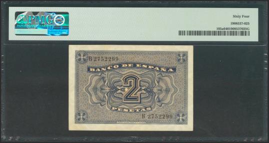 World Coins - 2 Pesetas. 12 de Octubre de 1937. Serie B. (Edifil 2017: 426a). SC. Encapsulado PMG64.