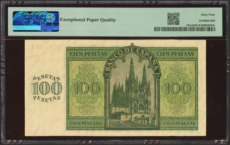 World Coins - 100 Pesetas. 21 de Noviembre de 1936. Serie B. (Edifil 2023: 421a, Pick: 101a). Inusual en esta excepcional calidad, apresto original. SC. Encapsulado PMG64EPQ.