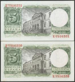 World Coins - 5 Pesetas. 22 de Julio de 1954. Pareja correlativa. Serie E. (Edifil 2017: 466a). Puntitos. SC-.