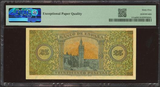 World Coins - 25 Pesetas. 20 de Mayo de 1938. Serie B. (Edifil 2023: 430a, Pick: 111a). Inusual en esta calidad, apresto original. SC. Encapsulado PMG65EPQ.
