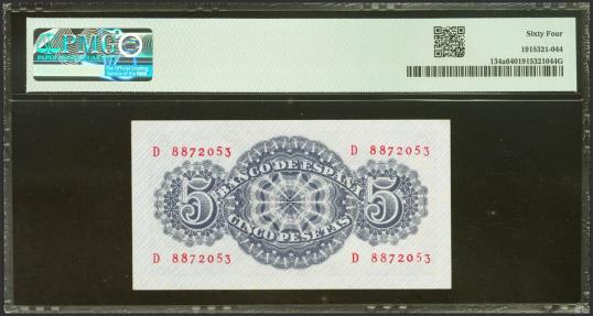 World Coins - 5 Pesetas. 12 de Abril de 1947. Serie D. (Edifil 2023: 454a, Pick: 134a). SC. Encapsulado PMG64.
