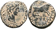 Ancient Coins - CAESARAUGUSTA (Zaragoza). As. (Ae. 9,43g/26mm). 27 a.C.-14 d.C. (FAB-327). Anv: Cabeza de Augusto laureada a derecha, alrededor leyenda: IMP AVGVSTVS TRIB POTES XX. Rev: Yunta a d