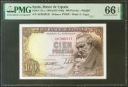 World Coins - 100 Pesetas. 19 de Febrero de 1946. Serie A. (Edifil 2021: 451a, Pick: 131a). Raro en esta excepcional calidad, apresto original. SC. Encapsulado PMG66EPQ.