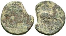 Ancient Coins - ARSAOS (Area de Navarra). As. (Ae. 12,20g/29mm). 120-80 a.C. (FAB-144). Anv: Cabeza masculina barbada a derecha, entre dos delfines. Rev: Jinete con dardo a derecha, debajo leyend