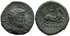 Ancient Coins - BILBILIS (Calatayud, Zaragoza). Semis. (Ae. 7,39g/21mm). 120-30 a.C. (FAB-267). Anv: Cabeza masculina a derecha, detrás letra ibérica Bi, delante delfín. Rev: Caballo saltando a d