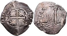 World Coins - FELIPE IV (1621-1665). 8 Reales. (Ar. 25,55g/37mm). 1662. Potosí E (Cal-2019-1526). Sin PH bajo la corona. MBC-. Oxidaciones limpiadas.