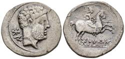 Ancient Coins - BOLSCAN (Huesca). Denario. (Ar. 3,84g/20mm). 180-20 a.C. (FAB-1912, tipo Palenzuela). Anv: Cabeza masculina barbada a derecha, detrás letras ibéricas: BoN. Rev: Jinete con lanza a