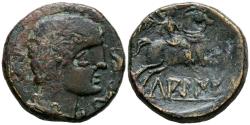 Ancient Coins - LAGINE (Zona de Aragón). As. (Ae. 10,44g/24mm). 120-20 a.C. (FAB-1656). Anv: Cabeza masculina con adornos a derecha, alrededor tres delfines. Rev: Jinete con palma a derecha, deba