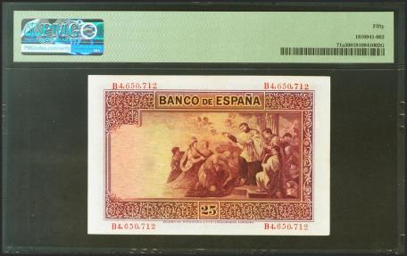 World Coins - 25 Pesetas. 12 de Octubre de 1926. Serie B, última serie emitida. (Edifil 2021: 325a, Pick: 71a). Inusual en esta calidad. EBC. Encapsulado PMG50.