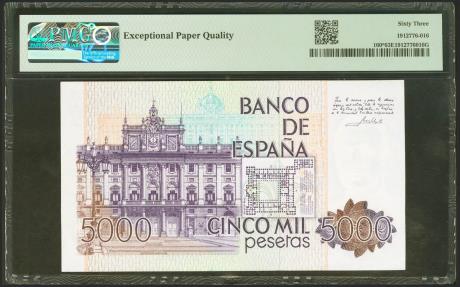 World Coins - 5000 Pesetas. 23 de Octubre de 1979. Serie especial 9B. (Edifil 2021: 478b, Pick: 160*). SC. Encapsulado PMG63EPQ.