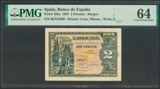 World Coins - 2 Pesetas. 12 de Octubre de 1937. Serie B. (Edifil 2017: 426a). SC. Encapsulado PMG64.