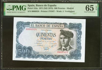 World Coins - 500 Pesetas. 23 de Julio de 1971. Sin serie y bajísima numeración. (Edifil 2021: 473, Pick: 153a). Inusual en esta calidad, apresto original. Encapsulado PMG65EPQ.