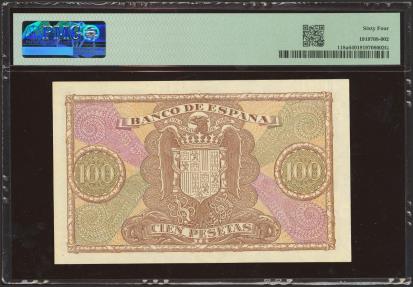 World Coins - 100 Pesetas. 9 de Enero de 1940. Serie D. (Edifil 2023: 438a, Pick: 118a). Inusual en esta calidad. SC. Encapsulado PMG64.