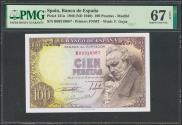 World Coins - 100 Pesetas. 19 de Febrero de 1946. Serie B. (Edifil 2021: 451b). Apresto original. SC. Encapsulado PMG67EPQ.