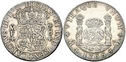World Coins - CARLOS III (1759-1788). 8 Reales. (Ar. 26,98g/39mm). 1766. México MF. (Cal-2019-1090). MBC+. Limpiada. Canto liso en algunas zonas.