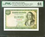 World Coins - 1000 pesetas. November 4, 1949. No series. (Edifil 2021: 458, Pick: 138a). Rare in this exceptional quality. Uncirculated. PMG64 encapsulation.