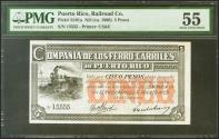 World Coins - PUERTO RICO COMPAÑIA DE LOS FERROCARRILES. 5 Pesos. (1880ca). Sin serie. (Edifil 2021: 10, Pick: S101a). Rarísimo especialmente en esta calidad. EBC+. Encapsulado PMG55 (previousl