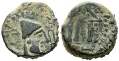 Ancient Coins - MALACA (Málaga). Cuadrante. (Ae. 4,31g/16mm). 200-20 a.C. (FAB-1739). Anv: Cabeza de Vulcano a derecha, delante tenazas, detrás leyenda púnica tipo B. Rev: Tempo tetrástilo, debaj