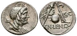 Ancient Coins - GENS CORNELIA. Denario. (Ar. 3,82g/19mm). 76-75 a.C. Hispania. (Crawford 393/1; FFC 627). Anv: Busto diademado del Genio del pueblo romano a derecha, a su espalda cetro, encima: G