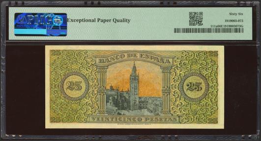 World Coins - 25 Pesetas. 20 de Mayo de 1938. Serie C. (Edifil 2023: 430a, Pick: 111a). Raro en esta excepcional calidad, apresto original. SC. Encapsulado PMG66EPQ.