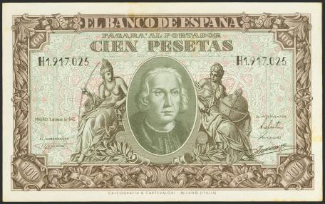 World Coins - 100 Pesetas. 9 de Enero de 1940. Serie H. (Edifil 2021: 438a). Conserva todo su apresto original, manchitas del tiempo. SC--.