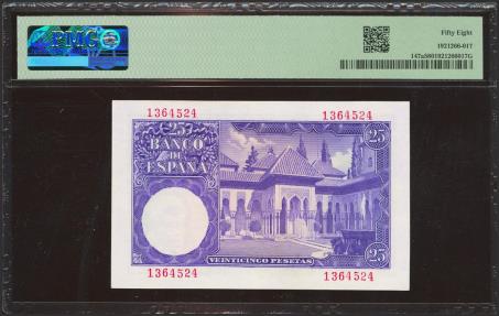 World Coins - 25 Pesetas. 22 de Julio de 1953. Sin serie. (Edifil 2021: 467, Pick: 147a). EBC++. Encapsulado PMG58.